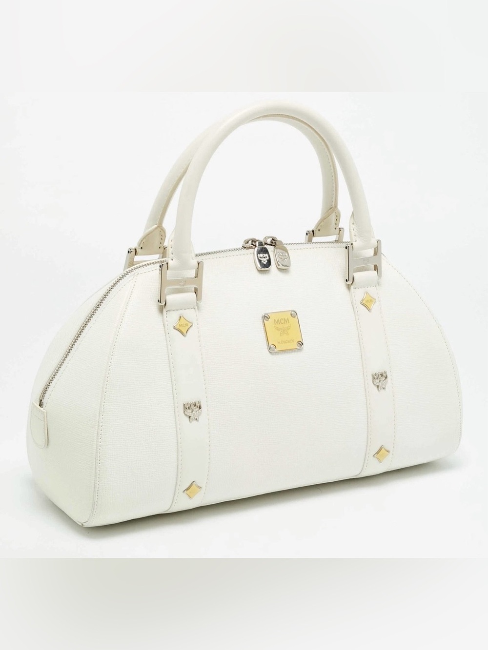 MCM White Medium Bowler Boston Bag Satchel Silver Hardware